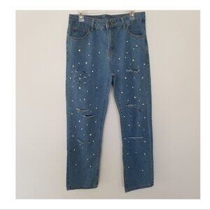High Waisted Mom Jeans w/ Pearl Details Size L/ XL
